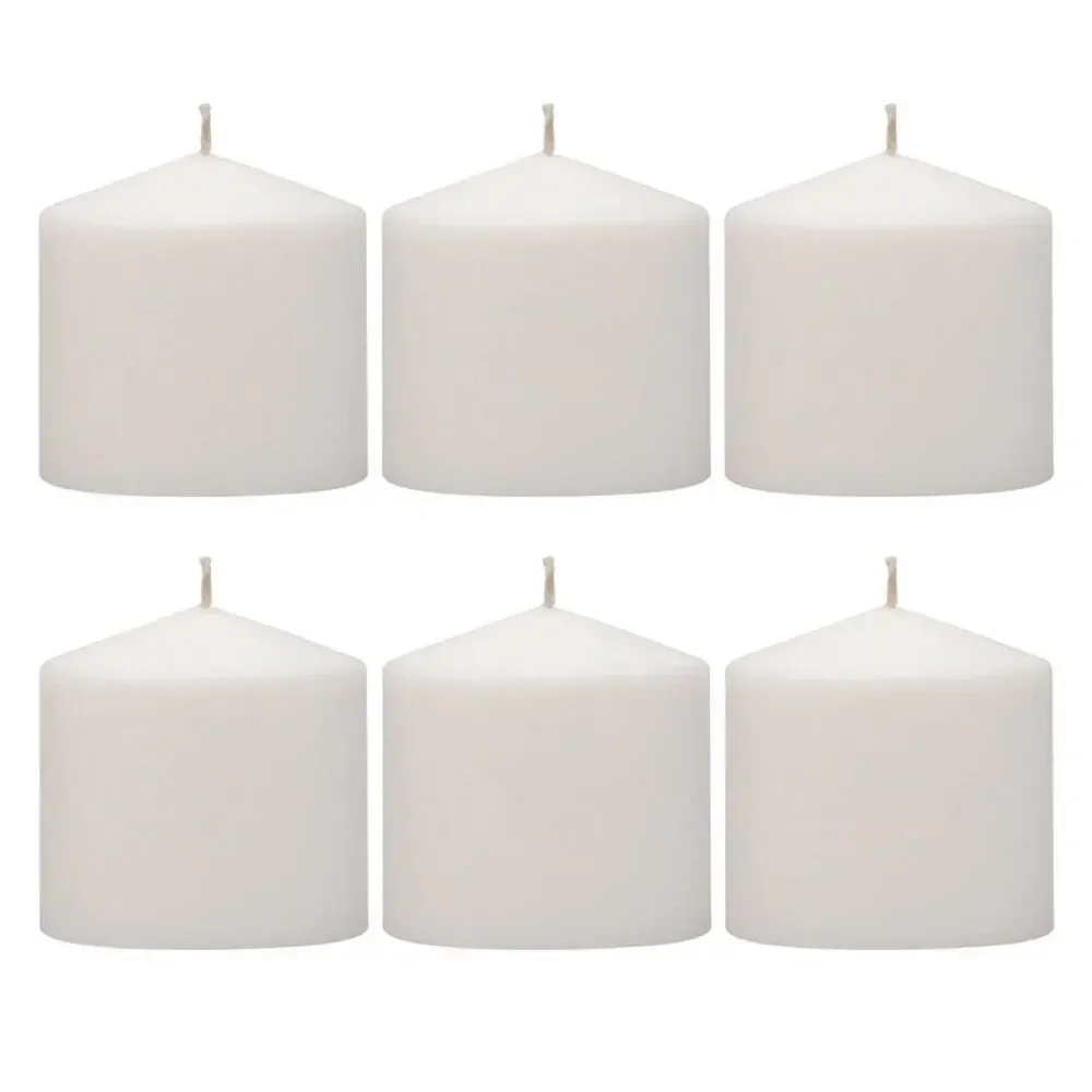 6 NEW White Unscented Paraffin Wax Pillar Candle 25 Hour Burn Box Set 3” x 3”